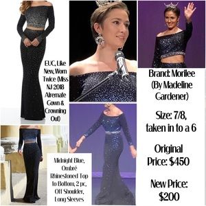 Two Piece Navy Blue Mermaid Ombré Rhinestone Gown